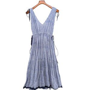 Ella Gray Maxi Dress Blue White Print Sleeveless Cotton Tie Waist Sundress Sz M